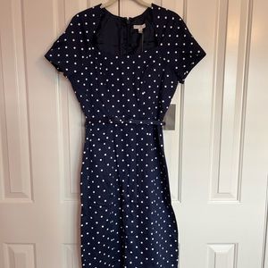 Eva Mendez size 6 MIDI dress, Navy blue with white polka dots.
